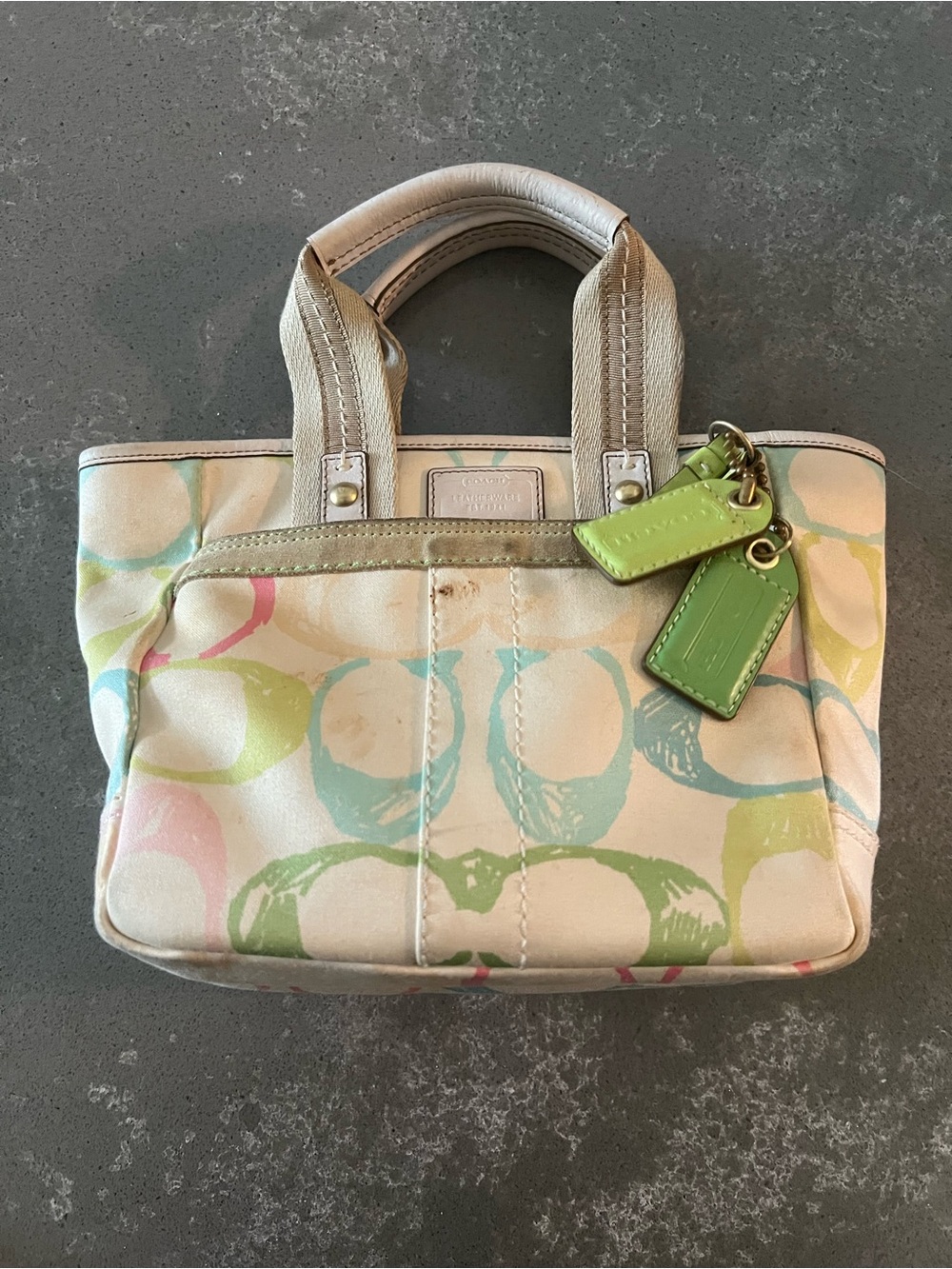 Coach Pastel Multicolor Canvas Tote with Lime Leather Tags